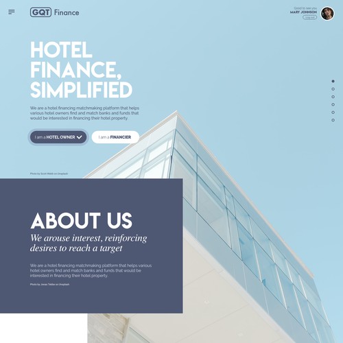 Landing page for finance hotel