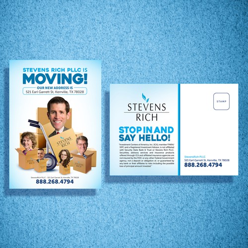 Help create Creative and Fun *We're Moving!* postcard with bobble-head cartoon avatars!