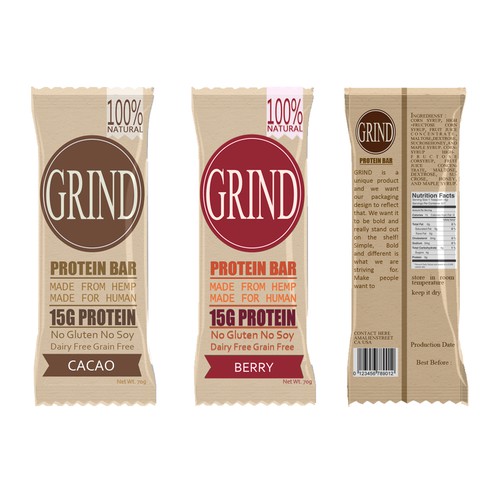 Create a standout SNACK BAR packaging for GRIND
