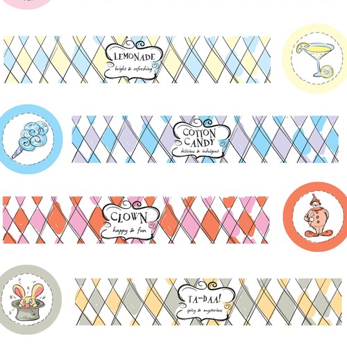 Happy product labels for scented-candle CIRCUS-tins!