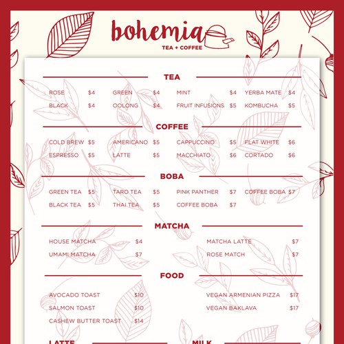 Menu design for a Tea/Coffee Parlor