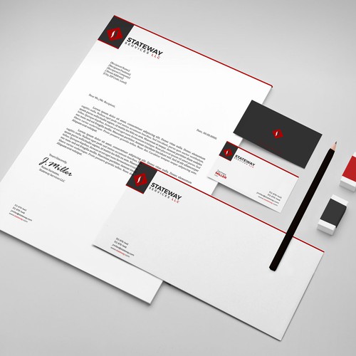 Create a MINIMALIST brand identity for a real estate company - logo, card, letterhead, & envelope