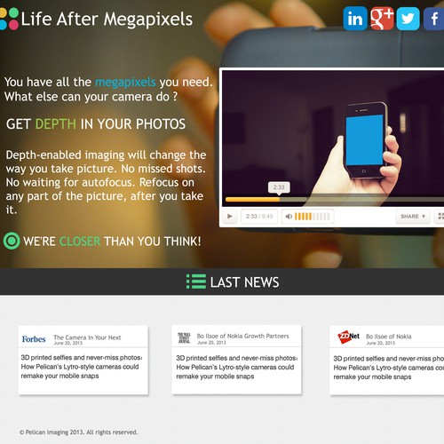 "Life After Megapixels" campaign landing page. Design for cool new smartphone camera!