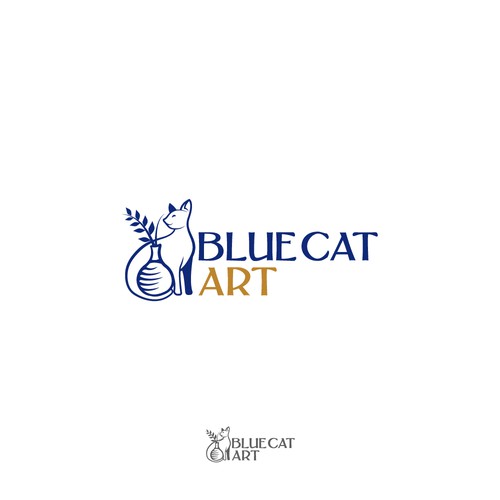 Blue cat character logo with handmade pottery