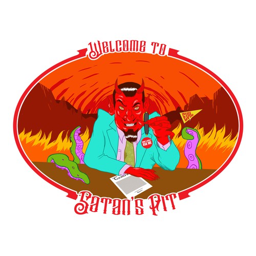 Insurance convention illustration "Welcome to Satan's pit"
