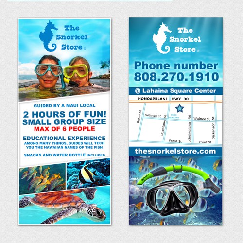 Create a fun 4in X 9in brochure for a new shoreline snorkel tour company. Shorline Xpress Snorkel.