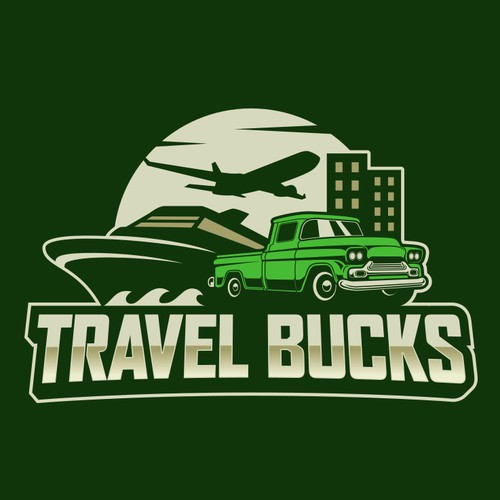 Travel Logo Featuring Chevy Truck, Cruise, Hotel, and Airplane