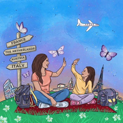 Illustration of mother and daughter traveling the world 