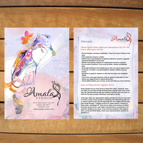 Create an aftercare card for Amala Studio