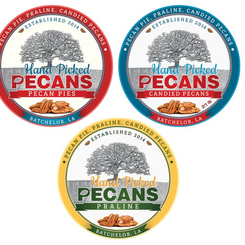 Create a classic and fun label for packaged pecan candy and pies.