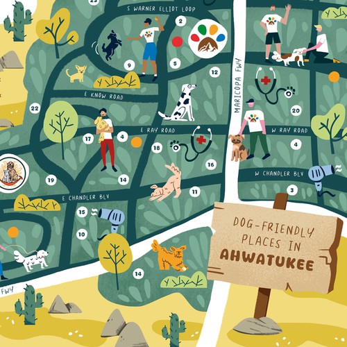 Fun Illustrated Map of Dog Friendly Places Around Town
