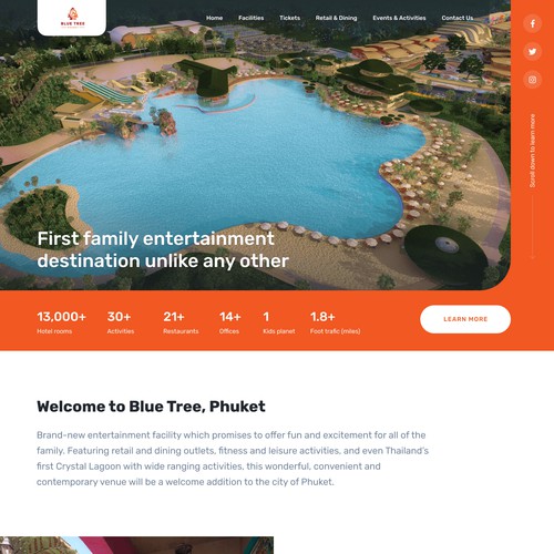 Clean, minimalist desktop landing page for the family entertainment facility