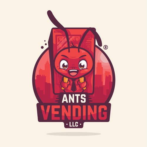 Ant mascot carrying a vending machine
