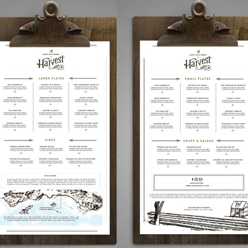 Menu Design For Harvest Restaurant.