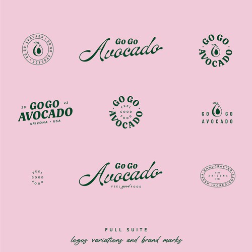 Full suite of logos, including logo variations and brand marks for an avocado toast bar based in Arizona.