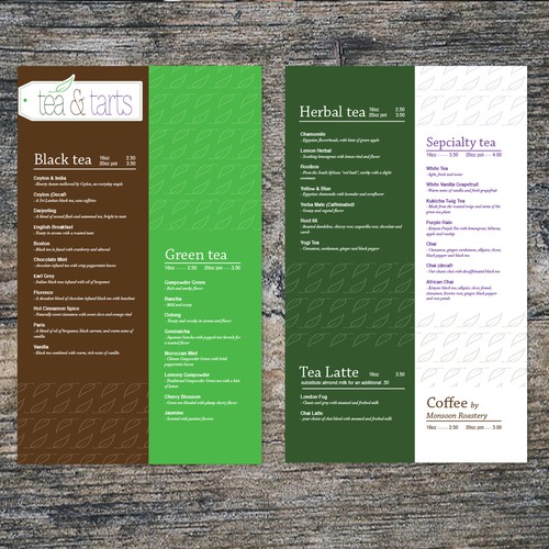 Menu design for a new tea room and vegetarian cafe