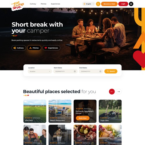 Landingpage for a Platform for Pitches for RVs at Restaurants in the Countryside