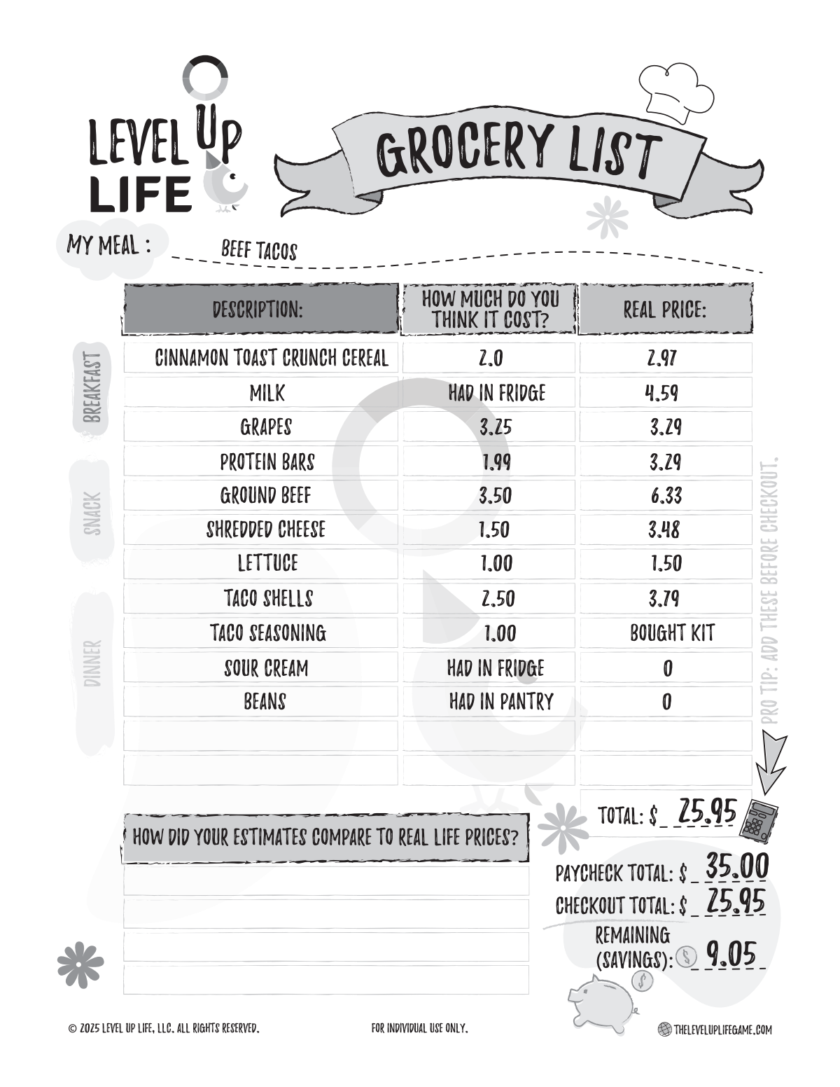 Level Up Life Worksheet - Grocery List