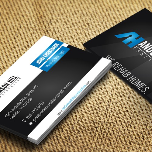 Create a great business card for a forward thinking contractor rehabbing destressed homes