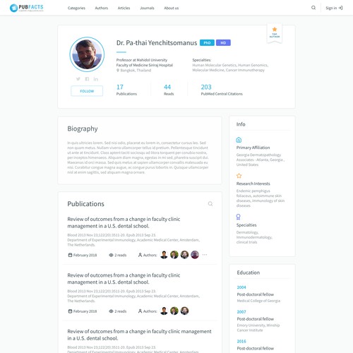 Pubfacts profile page concept