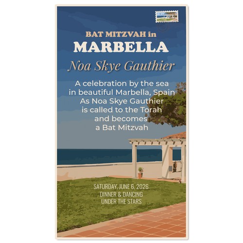 Vintage Postcard Bat Mitzvah invitation for Marbella Bat Mitzvah