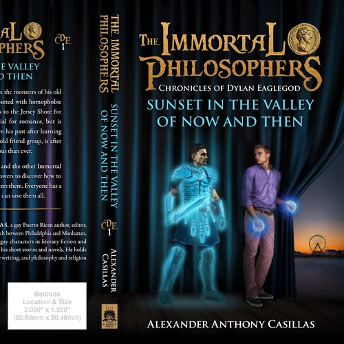 Book-cover design for "Sunset in the Valley of Now and Then" book 1 of "The Immortal Philosophers" series