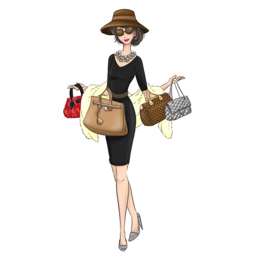 Create a illustration of a fashion orientated female who loves her handbags..