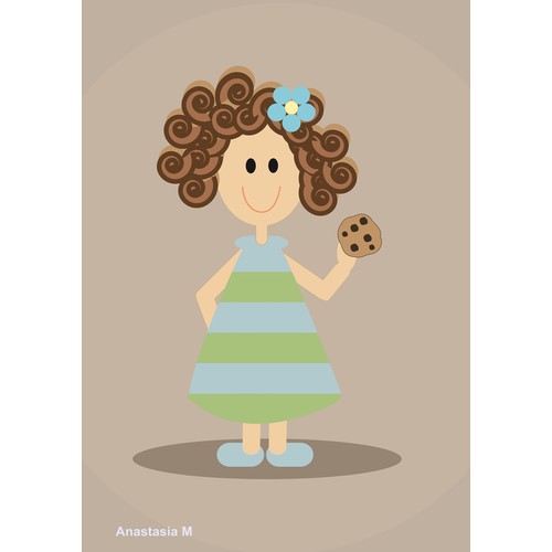 Create a cute, simple and stylish illustration of a girl holding a chocolate chip cookie.