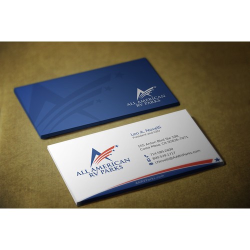 Create a modern, clean business card for a RV park/campground company.