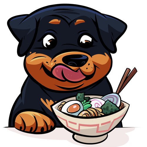 Cartoon of Rottweiler and Ramen