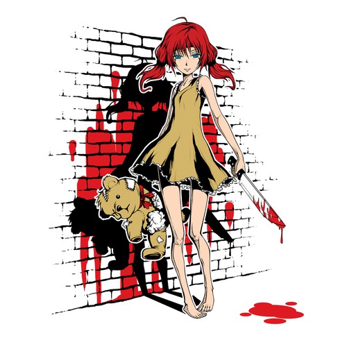 Graphic of Little japanese girl with bloody knife in one hand, a teddybear in the other