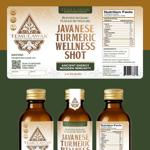 Design a Stunning Label for a Premium Javanese Turmeric Wellness Shot – Blend Ancient Tradition wit