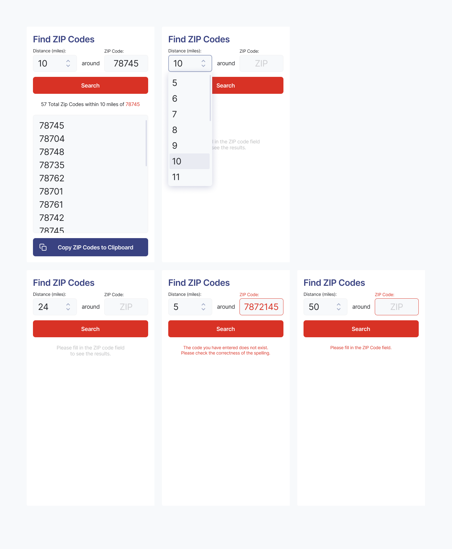 1 Page Web App to Show Zip Codes in A Radius