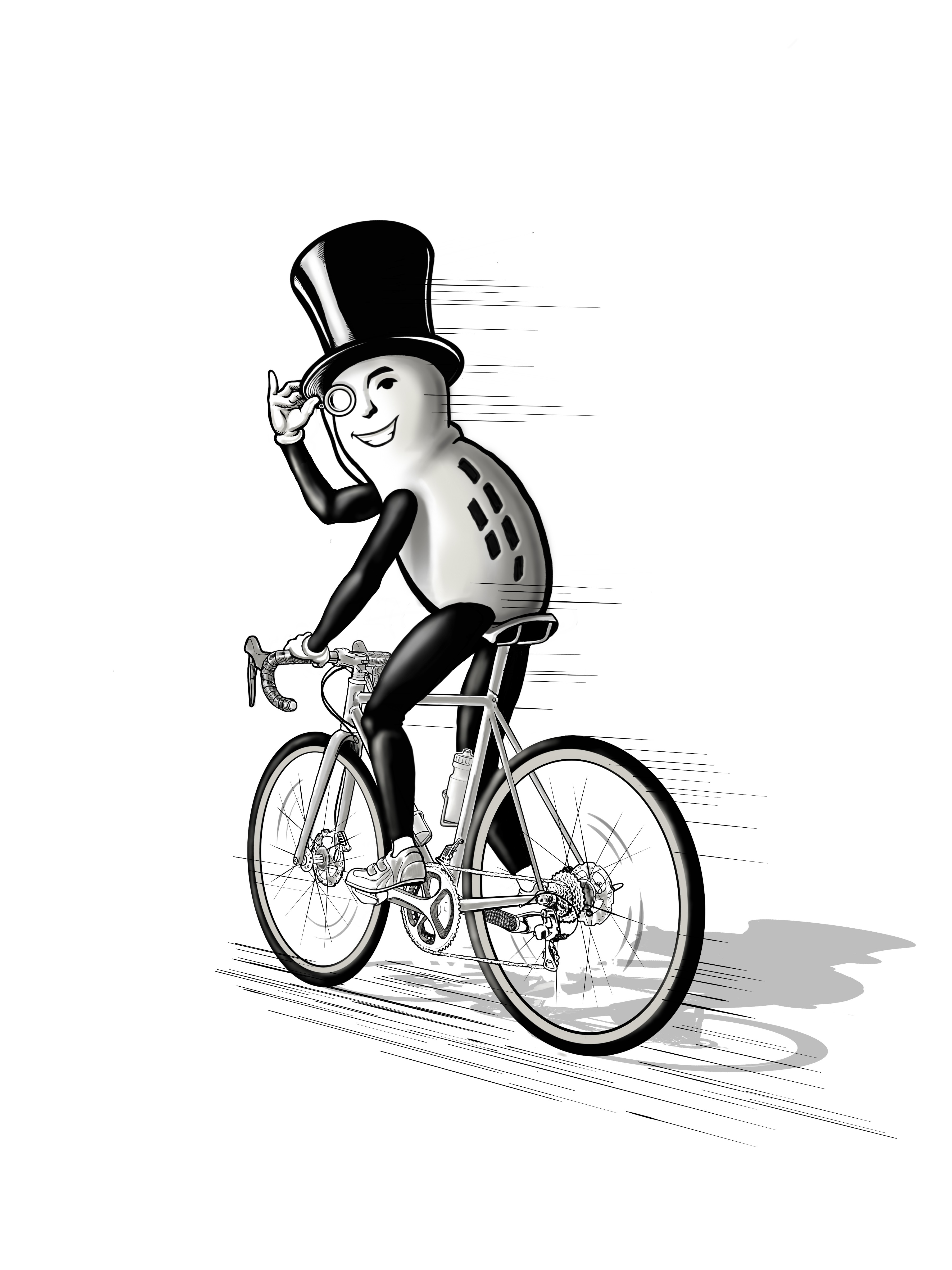 Tattoo design: Mr. Peanut riding a bicycle