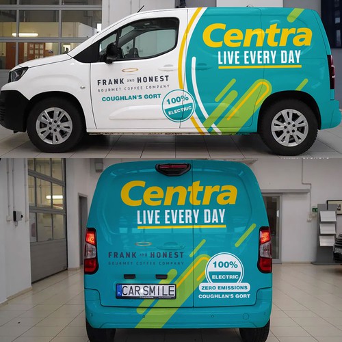 100%electric van logo for a Centra deli , frank & honest coffee convience store