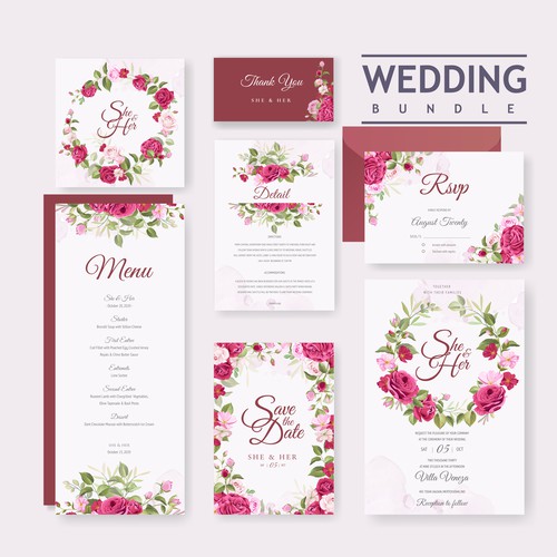 beautiful floral wedding card set template