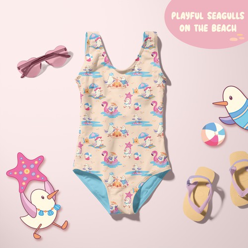 Playful Seagulls Family on the Beach - Pattern illustration