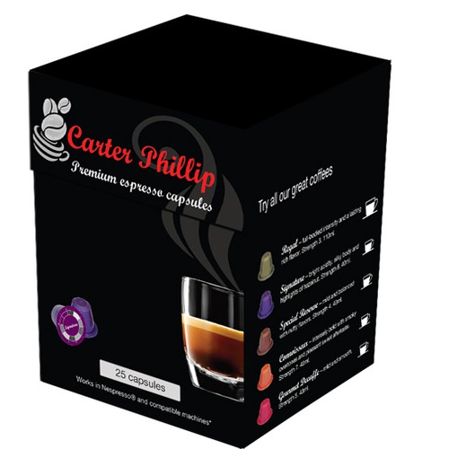 Design an espresso coffee box package. Modern, international, exclusive.