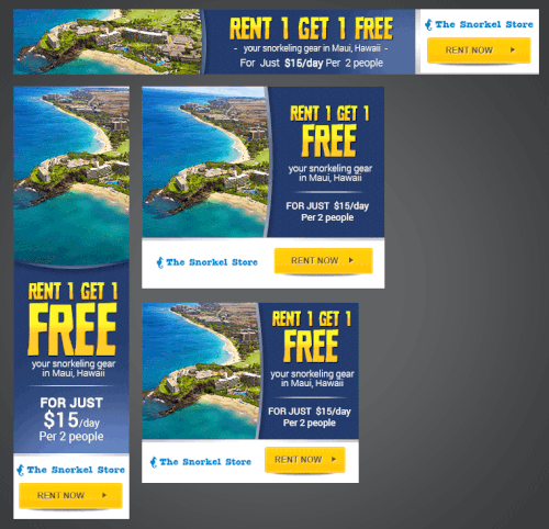Create fun and engaging ads for snorkeling rentals. Design ads for The Snorkel Store a rental/retail store in Maui, Hawa
