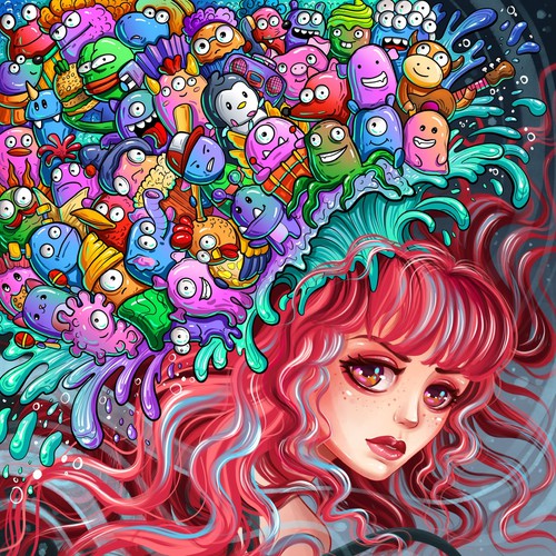 Illustration with a girl and cute creatures 