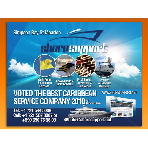 Create a stylized but different Super yacht services advert for Shore Support