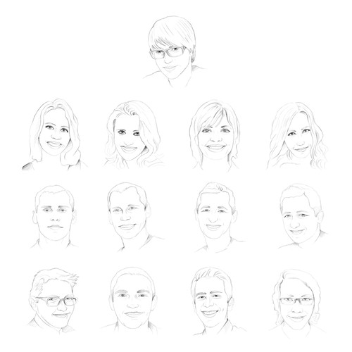 Create 12 digital portrait style line-drawings of Bit Zesty staff members