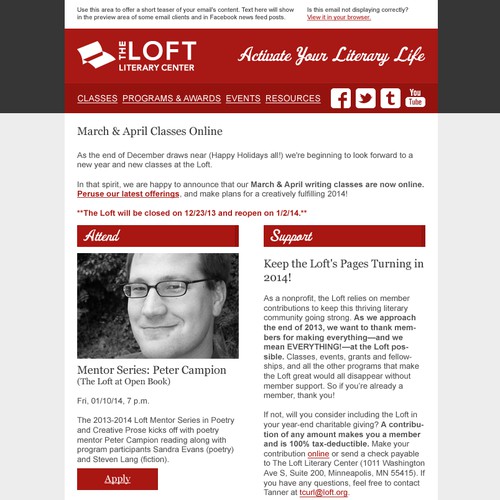 Create a flexible enews template for the Loft, a Minneapolis-based literary arts center