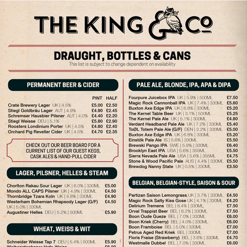 The King & Co Pub Menu