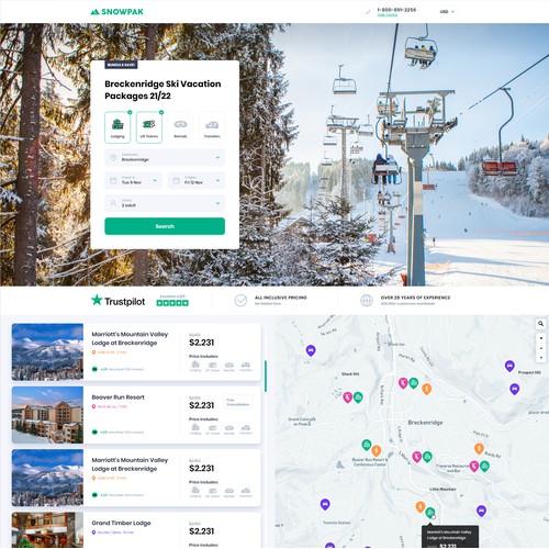 Redesign of existing snow travel booking page