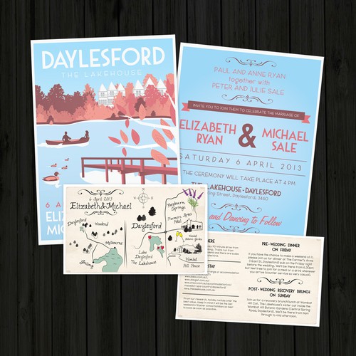 Create a vintage travel poster style wedding invite