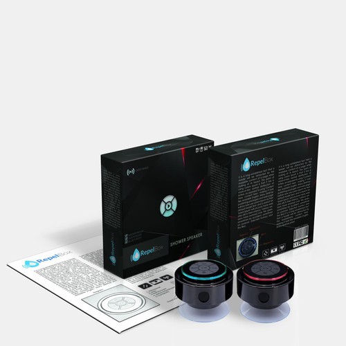 Create an Elegant package design for RepelBox (Bluetooth shower speaker)