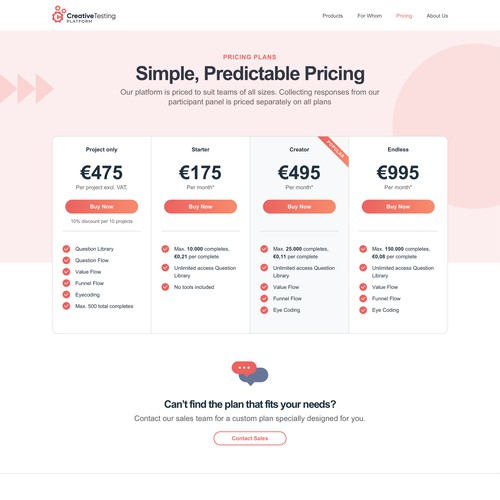 Pricing page for Creative Testing Company