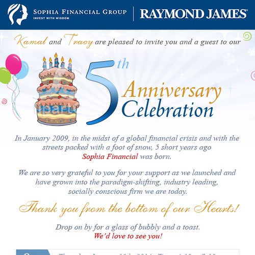 Create a winning Email Invitation for Sophia Financial's 5 year Anniversary Party