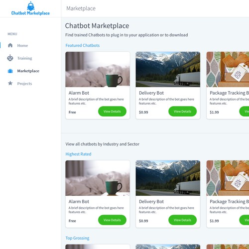 Dashboard style marketplace for chatbots